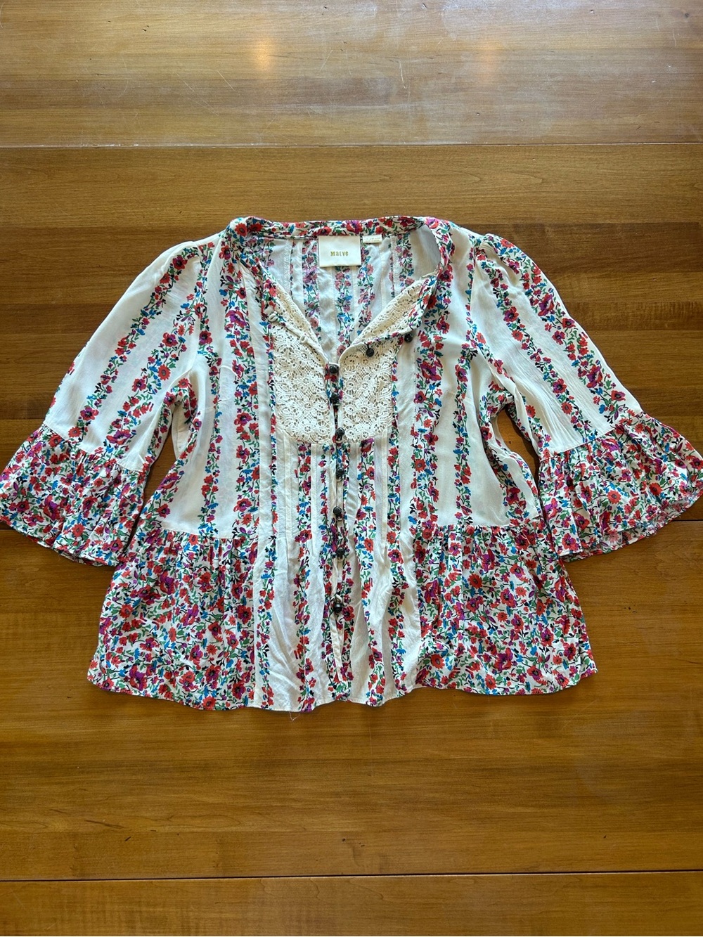 Maeve Cream Blouse with Colorful Floral Print and Crochet Detail